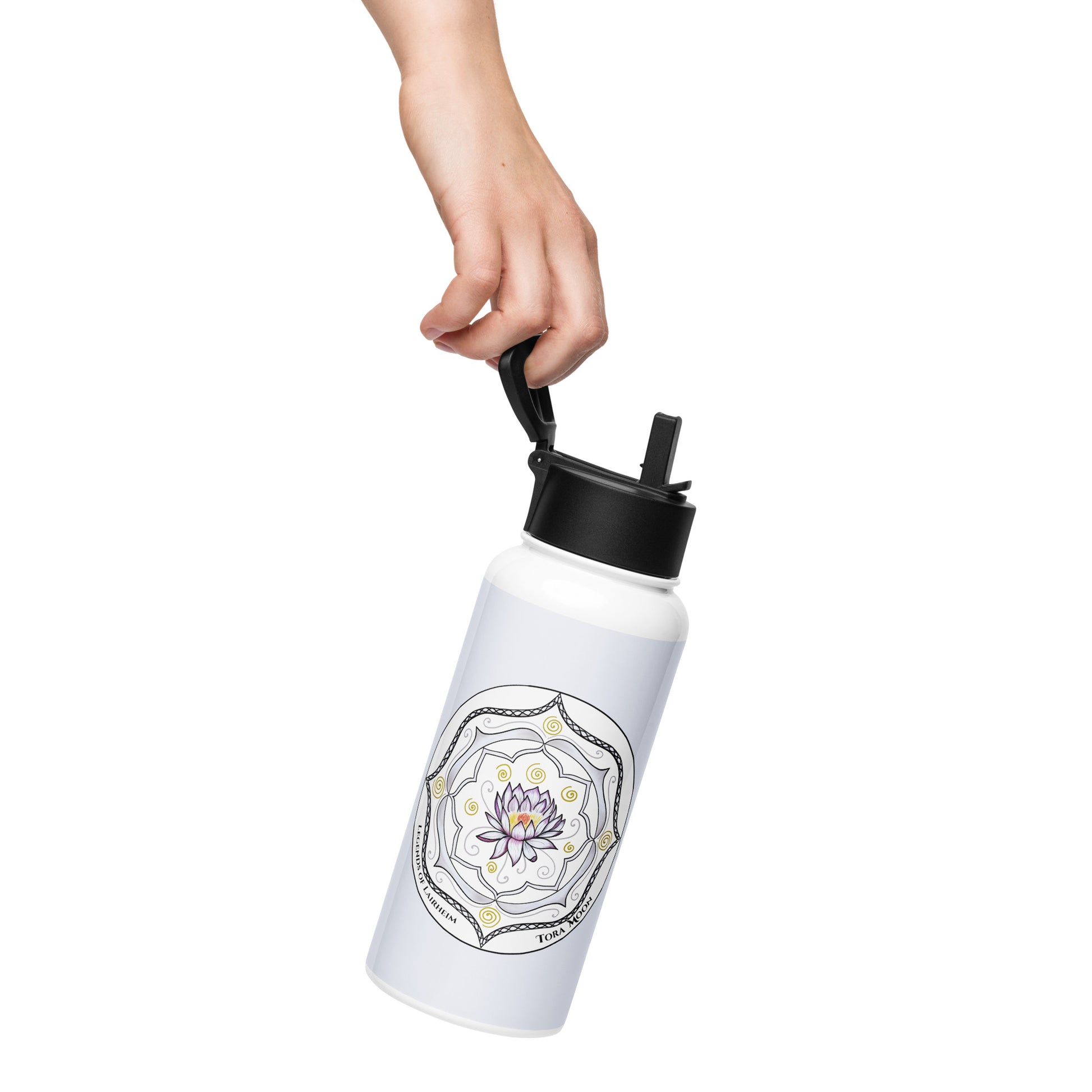 Legends-white-mandala-stainless-steel-water-bottle-person-holding