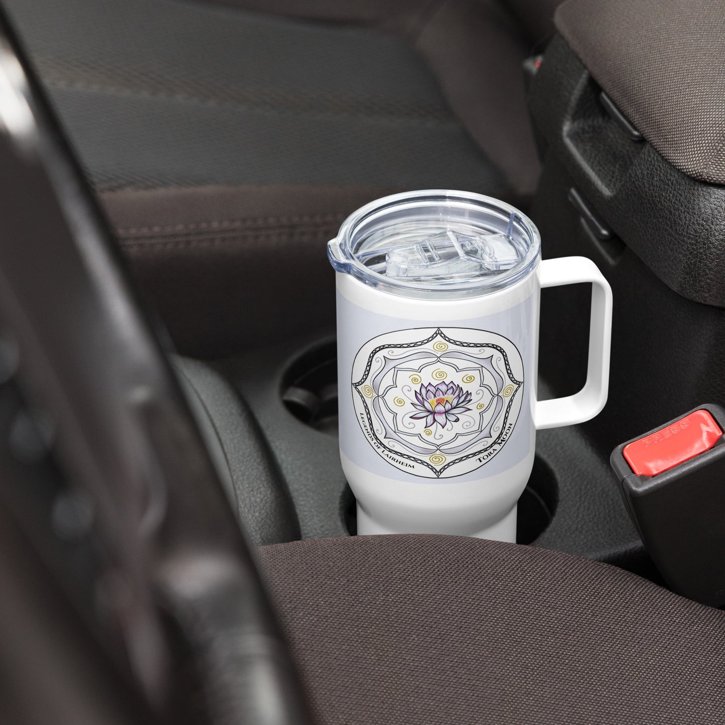 Legends-white-mandala-travel-mug-in-car