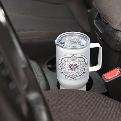 Legends-white-mandala-travel-mug-in-car