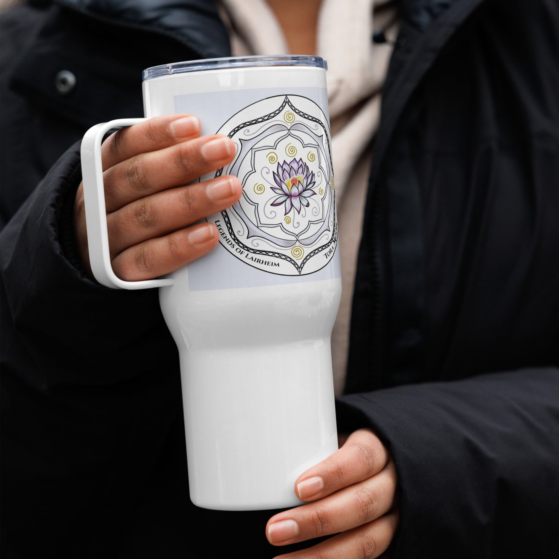 Legends-white-mandala-travel-mug-model-holding