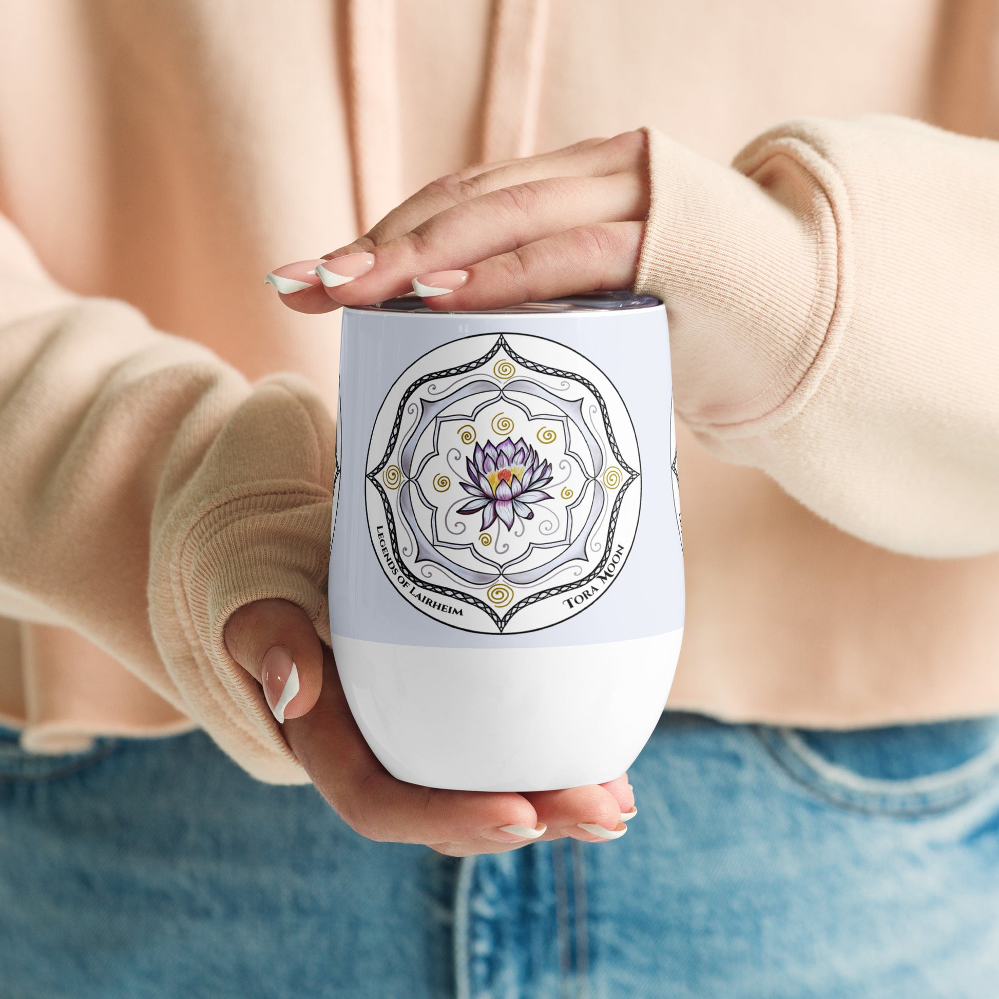 Legends-white-mandala-wine-tumbler-model-holding