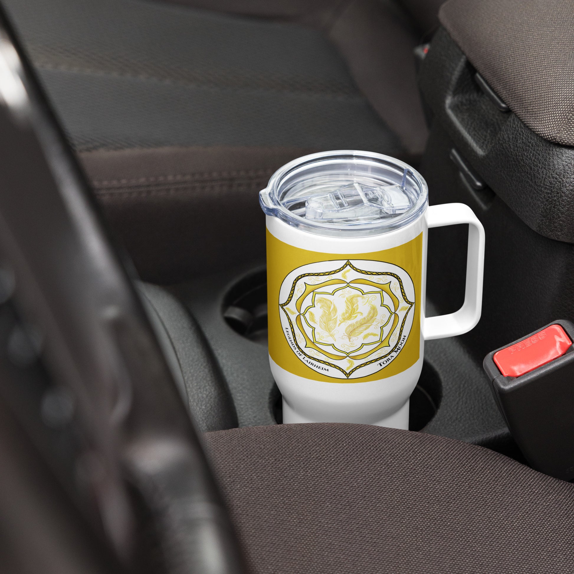 Legends-yellow-mandala-travel-mug-in-car