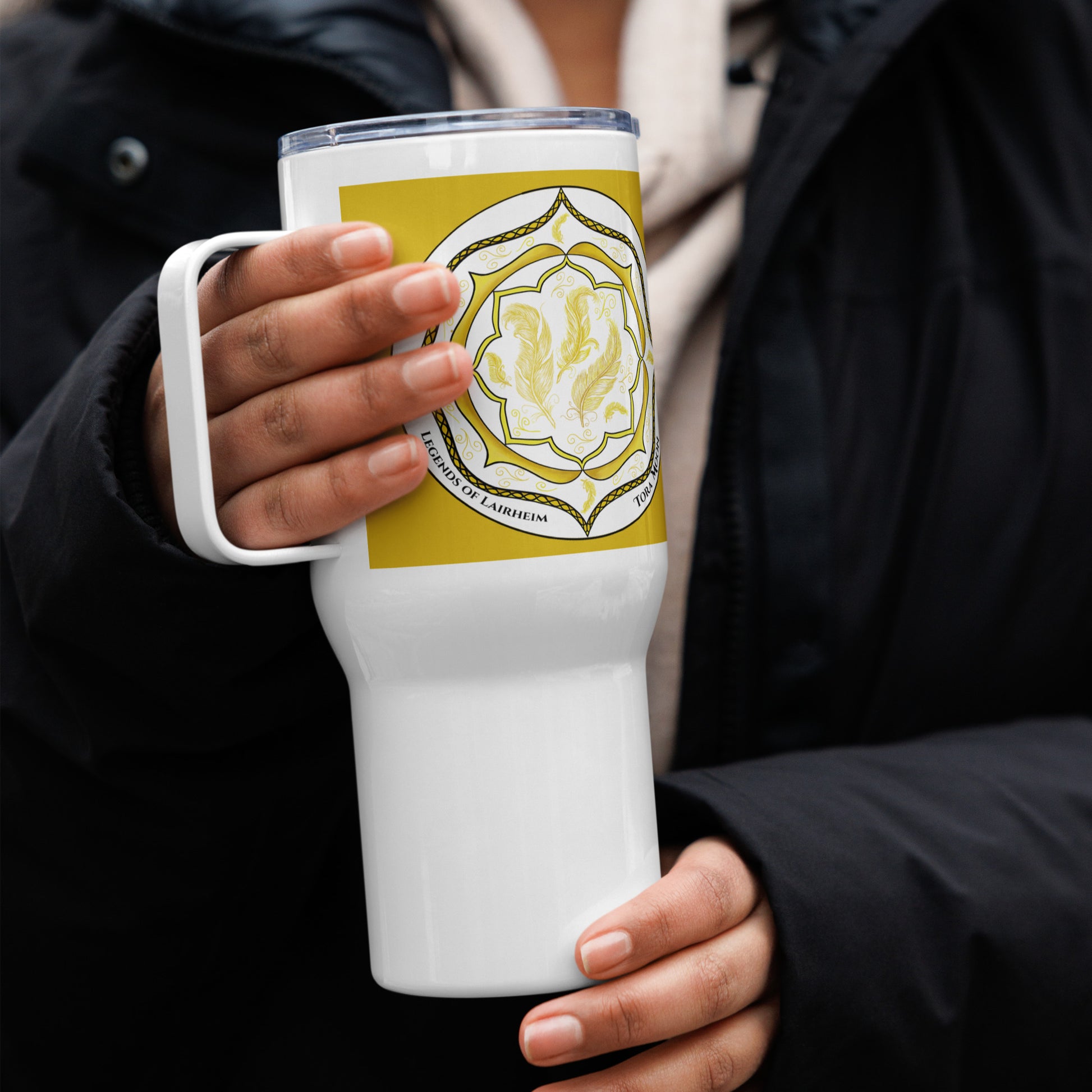 Legends-yellow-mandala-travel-mug-model-holding