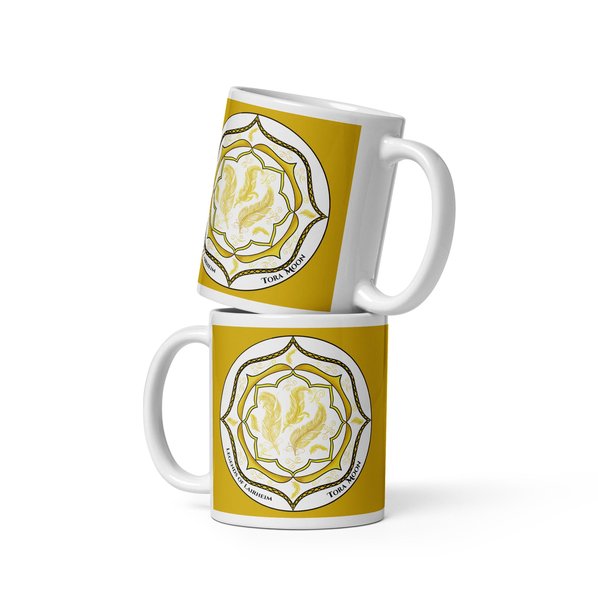 Legends-yellow-mandala-glossy-mug-stacked