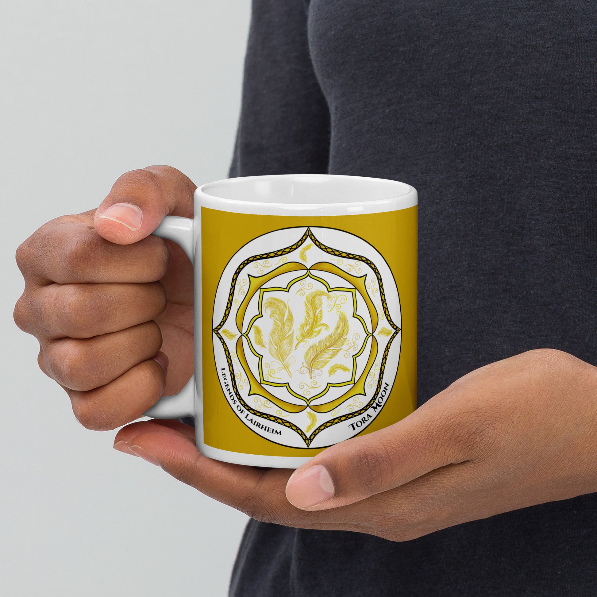 Legends-yellow-mandala-glossy-mug-model-holding