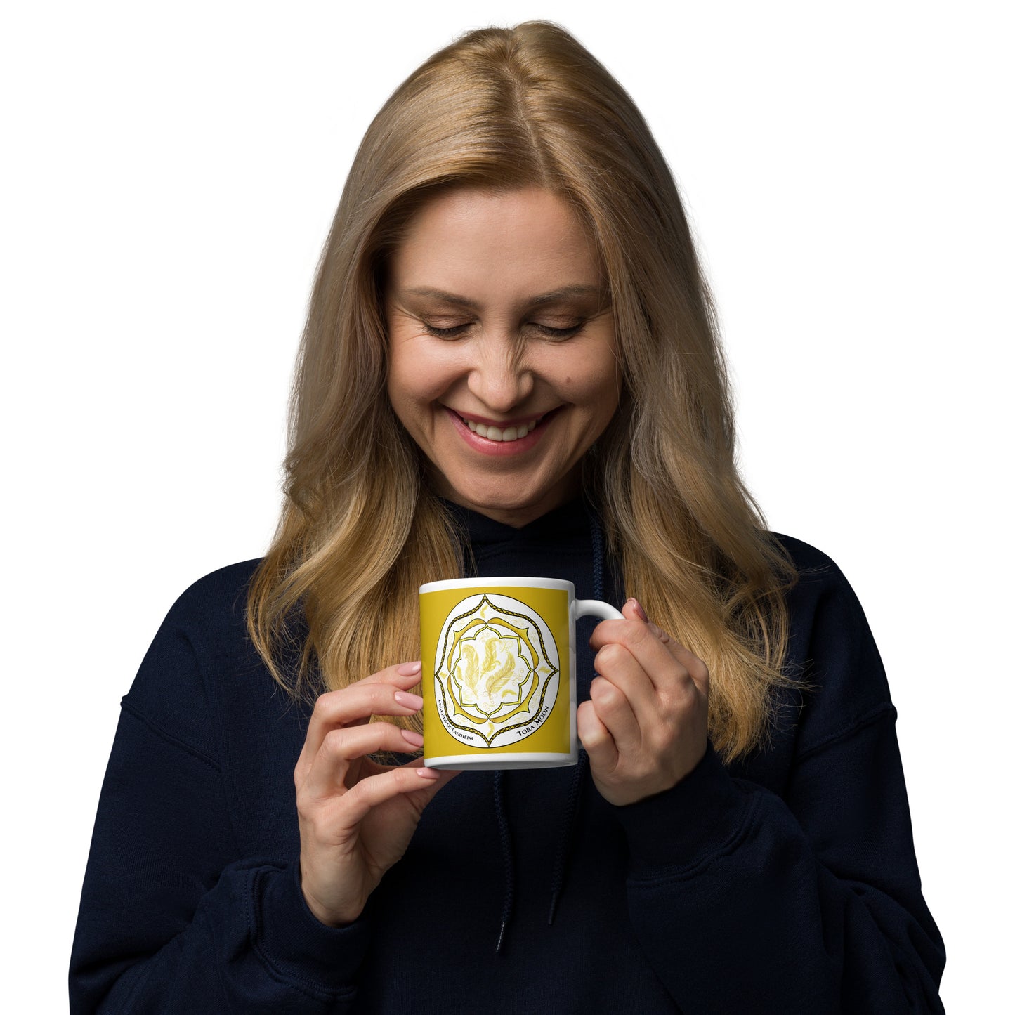 Legends-yellow-mandala-glossy-mug-model-holding
