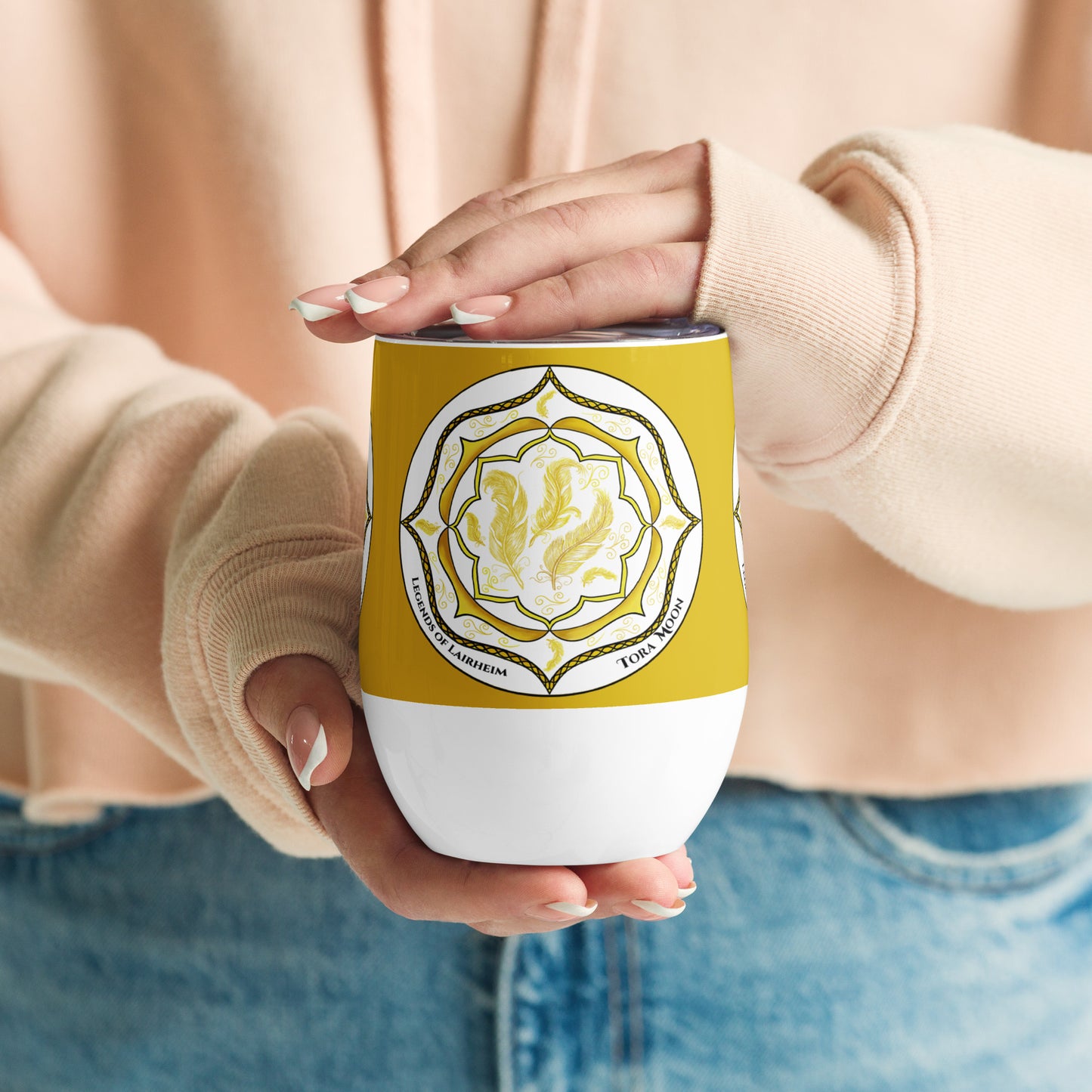 Legends-yellow-mandala-wine-tumbler-model-holding