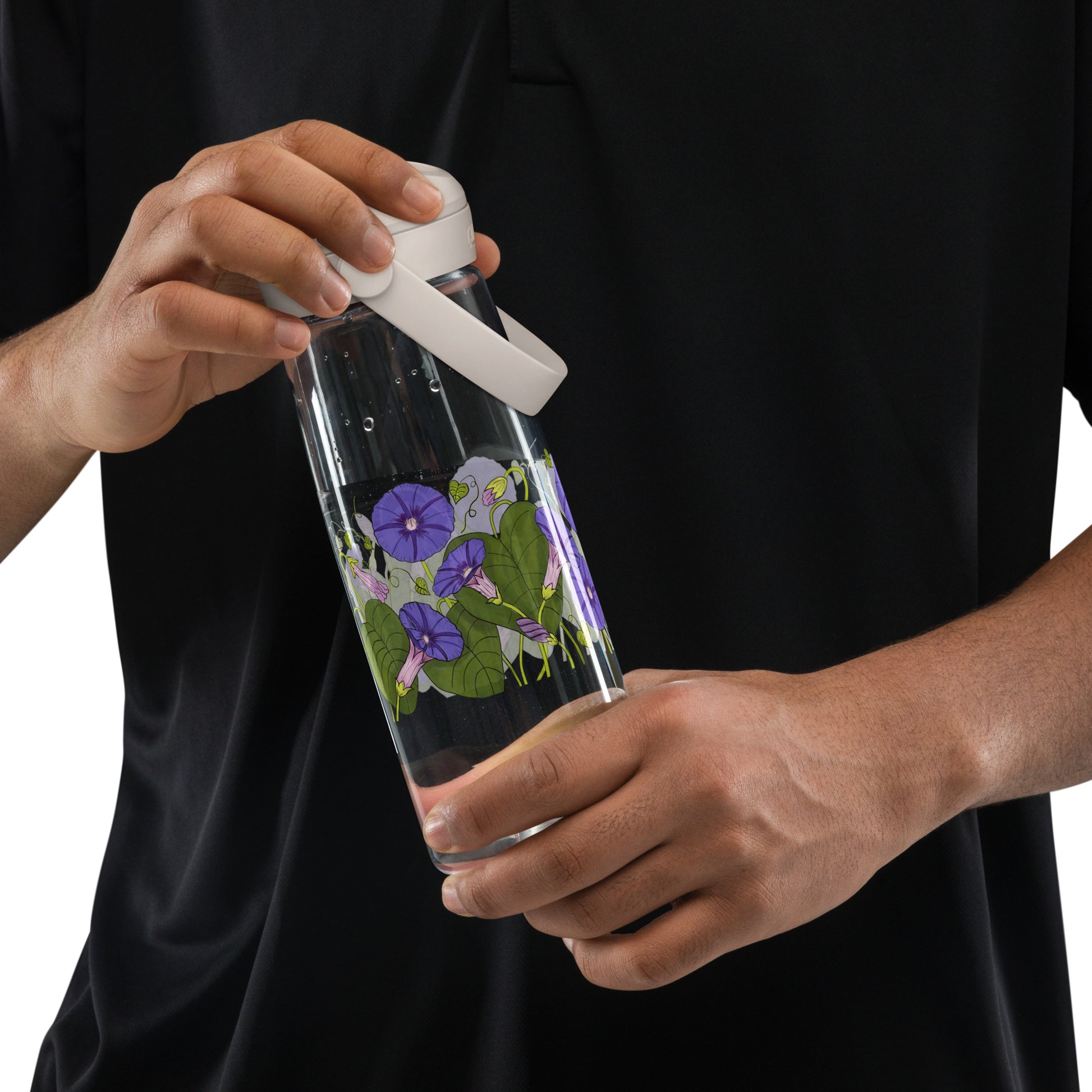 Person holding a Morning Glories Flip Straw Water Bottle clear