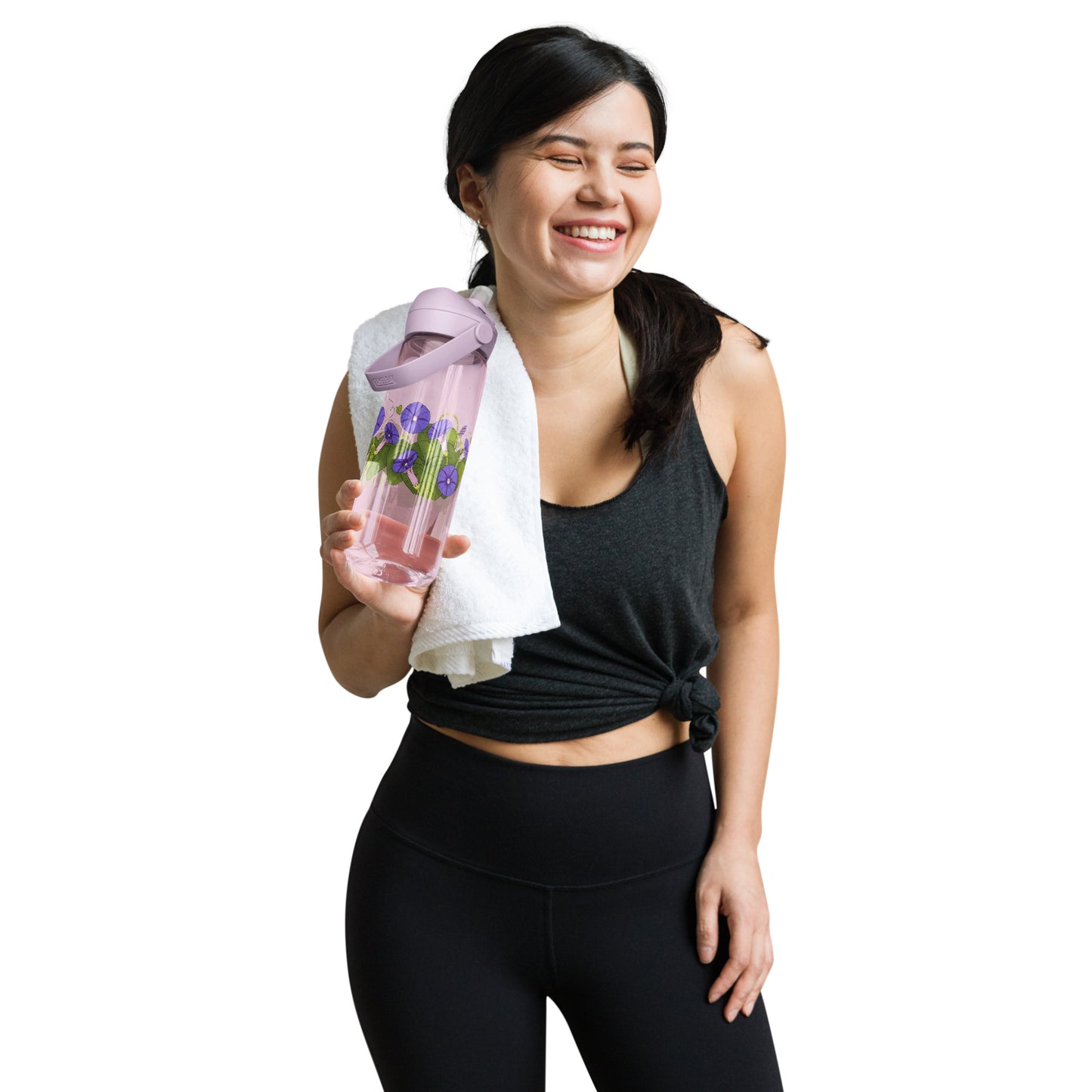Woman in athletic wear holding a Morning Glories Flip Straw Water Bottle purple sky