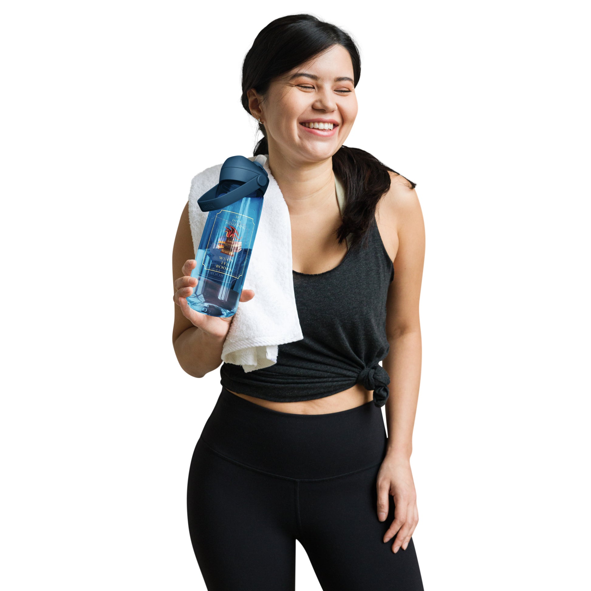 Woman in athletic wear holding a Fierce Red Dragon Book Guardian Flip Straw Water Bottle oxford blue