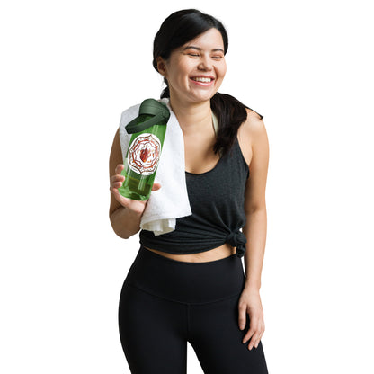 Woman in athletic wear holding a Red Talent Mandala Flip Straw Water Bottle forest green