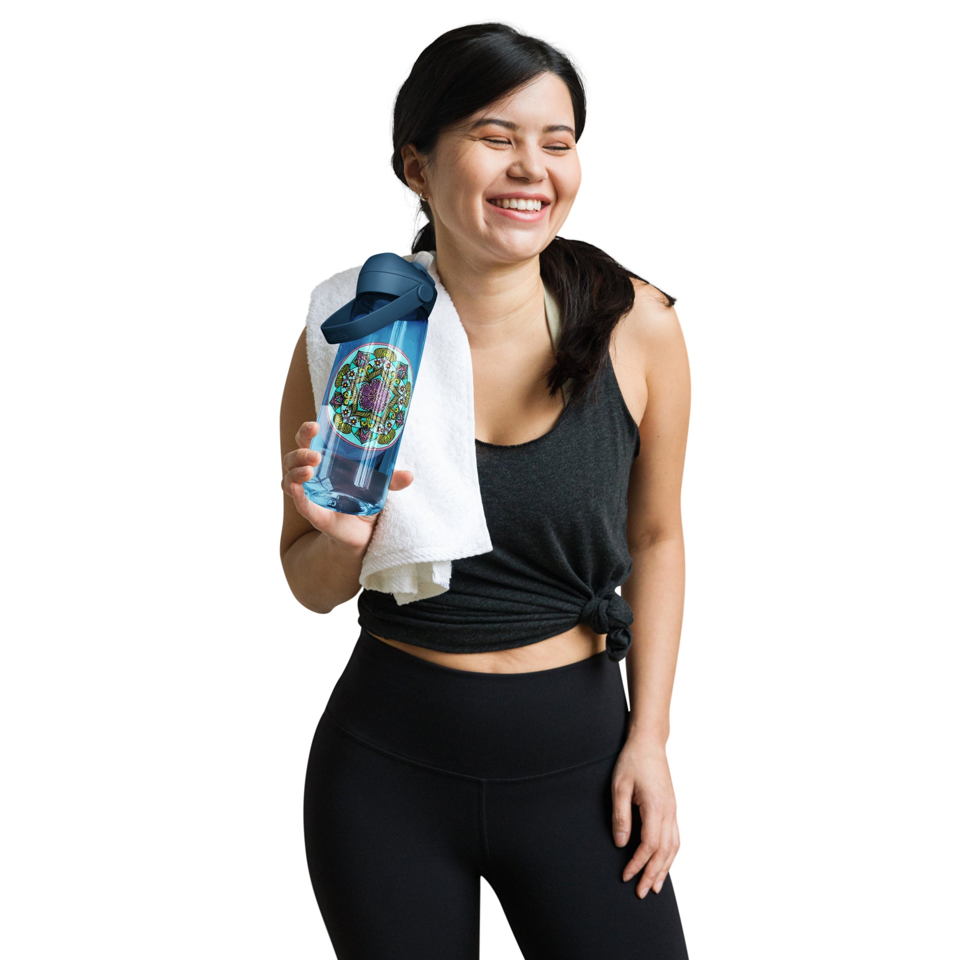 Woman in athletic wear holding a Sacred Harmony Pentagram Mandala Flip Straw Water Bottle oxford blue