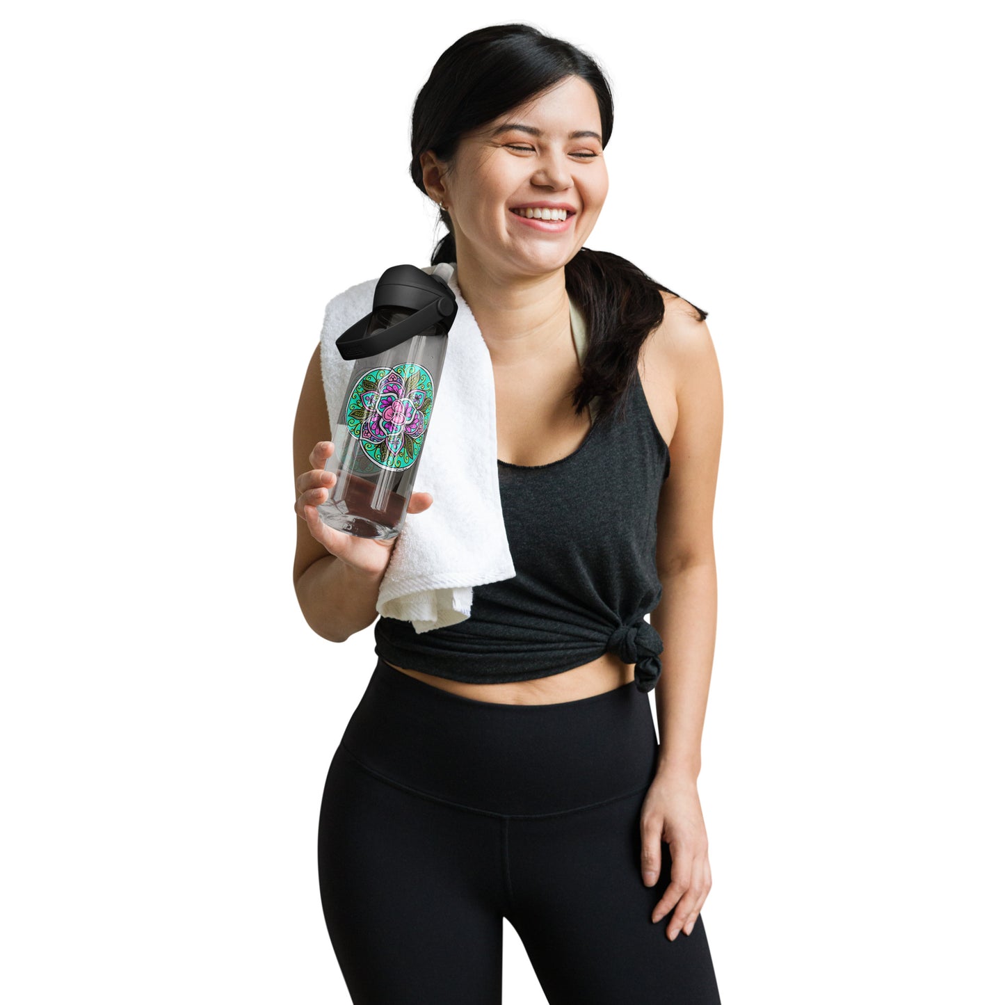 Woman in athletic wear holding a Triquetra Bloom Mandala Flip Straw Water Bottle charcoal