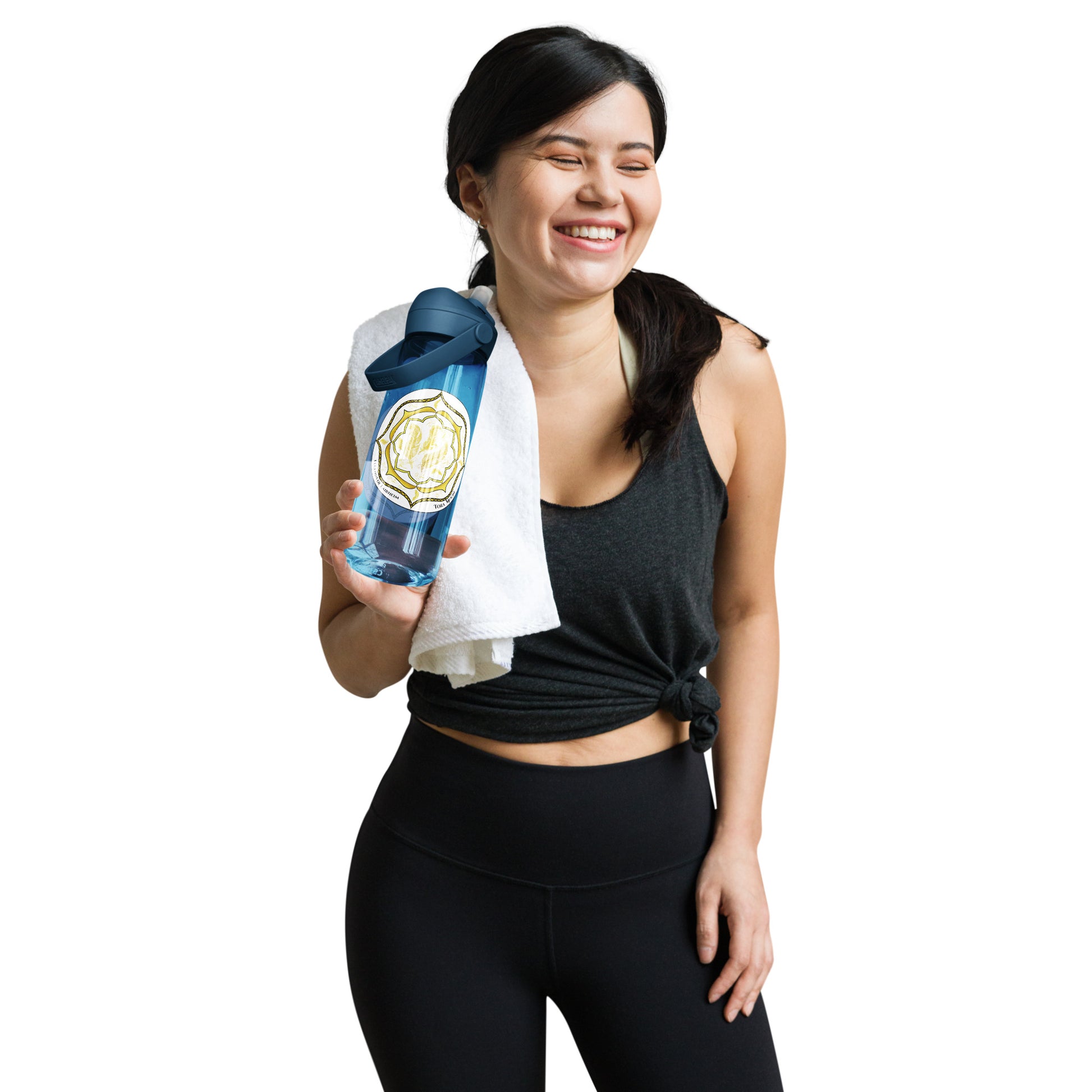 Woman in athletic wear holding a Yellow Talent Mandala Flip Straw Water Bottle oxford blue