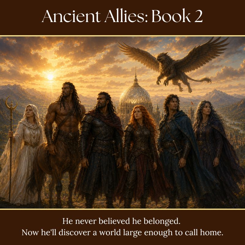The companions of Ancient Allies, including Blazel and Rizelya, stand together before the Sanctuary with Graak flying overhead. Blazel discovers a world large enough to call home.