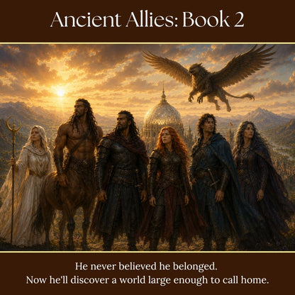 The companions of Ancient Allies, including Blazel and Rizelya, stand together before the Sanctuary with Graak flying overhead. Blazel discovers a world large enough to call home.