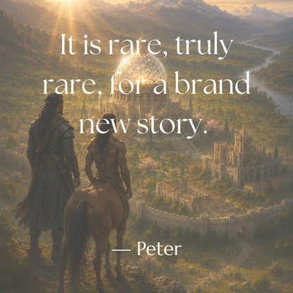 Reader review of Ancient Allies: “It is rare, truly rare, for a brand new story.” — Peter, over an image of Blazel and Jaehass overlooking the Sanctuary.