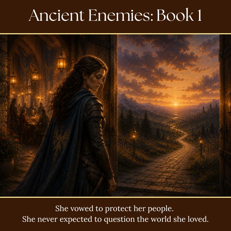 Ancient Enemies, Book 1 of Legends of Lairheim: Rizelya stands between the community she has vowed to protect and the unknown road ahead, where she will begin questioning the world she loves.