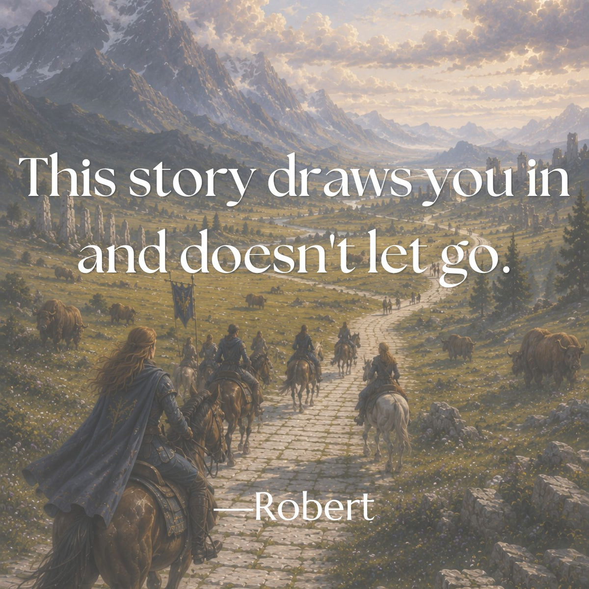 “Ancient Enemies draws you in and doesn't let go,” reader review from Robert, over an image of companions traveling through Lairheim.