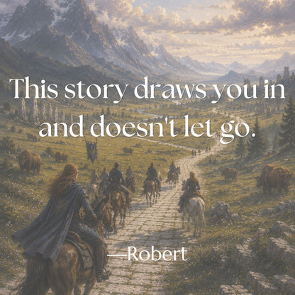 “Ancient Enemies draws you in and doesn't let go,” reader review from Robert, over an image of companions traveling through Lairheim.