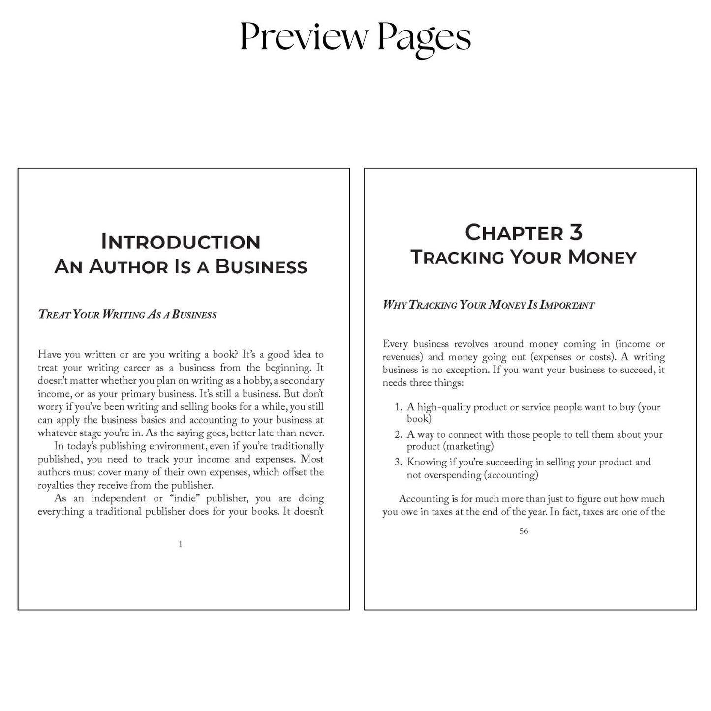 Interior preview of Business & Accounting for Authors showing the introduction ‘An Author Is a Business’ and Chapter 3 ‘Tracking Your Money,’ demonstrating the book’s clear, approachable guidance for indie authors learning business and accounting basics.