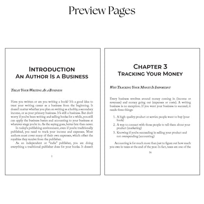 Interior preview of Business & Accounting for Authors showing the introduction ‘An Author Is a Business’ and Chapter 3 ‘Tracking Your Money,’ demonstrating the book’s clear, approachable guidance for indie authors learning business and accounting basics.
