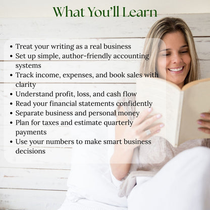 ‘What You’ll Learn’ overview for Business & Accounting for Authors, highlighting key lessons such as treating writing as a business, tracking income and expenses, understanding profit and cash flow, reading financial statements, and planning for taxes.