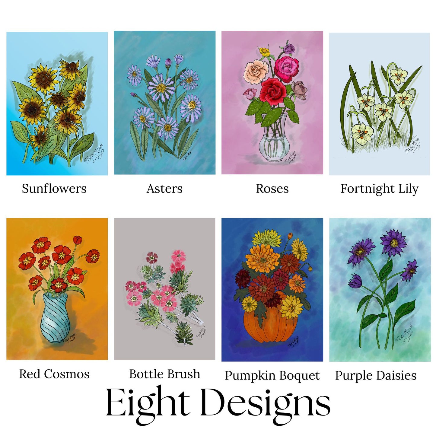 Blooming Expressions note card set featuring eight floral designs: sunflowers, asters, roses, fortnight lilies, red cosmos, bottle brush, pumpkin bouquet, and purple daisies. Illustrated in vibrant digital watercolor and ink by artist Tora Moon.