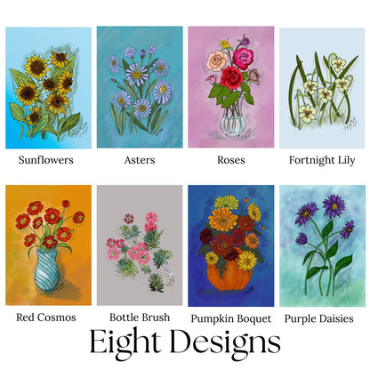 Blooming Expressions note card set featuring eight floral designs: sunflowers, asters, roses, fortnight lilies, red cosmos, bottle brush, pumpkin bouquet, and purple daisies. Illustrated in vibrant digital watercolor and ink by artist Tora Moon.