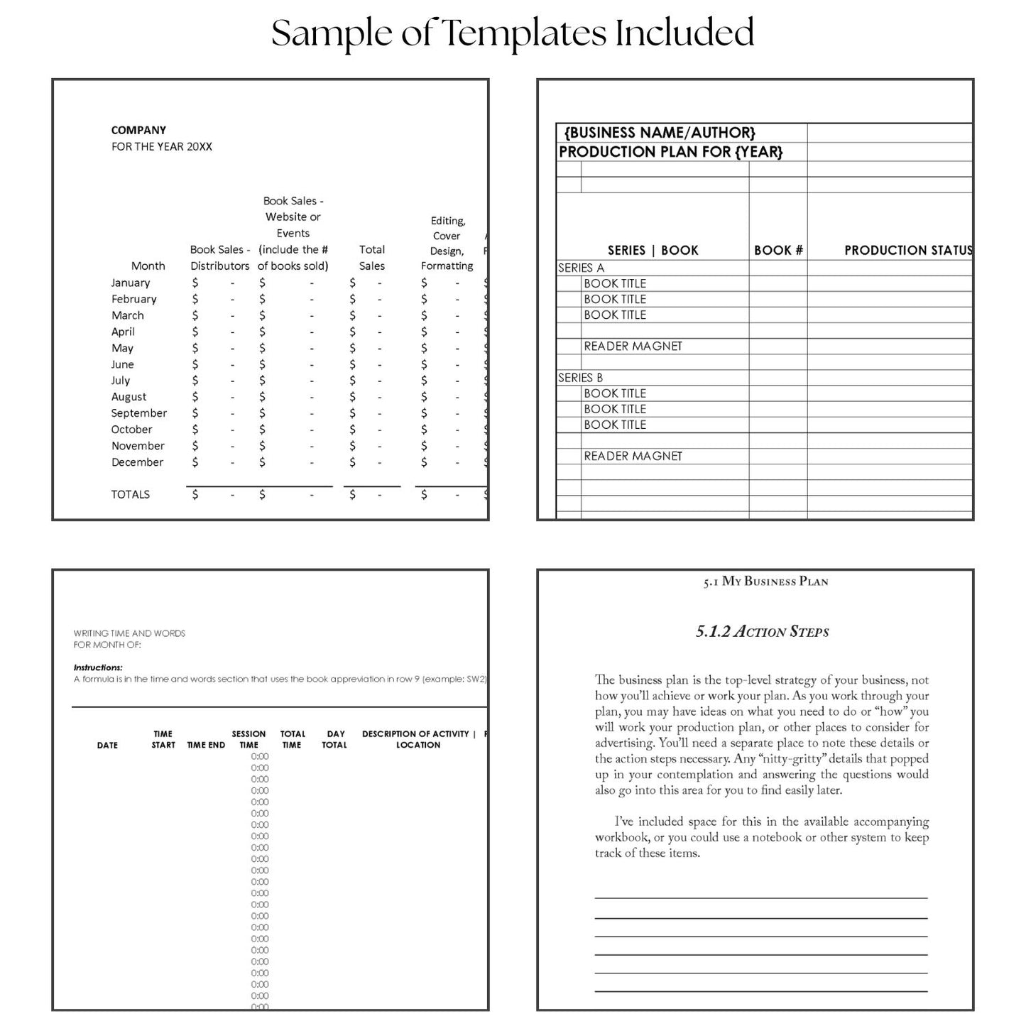 Sample templates included with Business Plans for Authors by Tora Moon, featuring cropped previews of the cash flow worksheet, production plan worksheet, writing time and word tracker, and business plan action steps page. Practical worksheets to support indie author business planning.