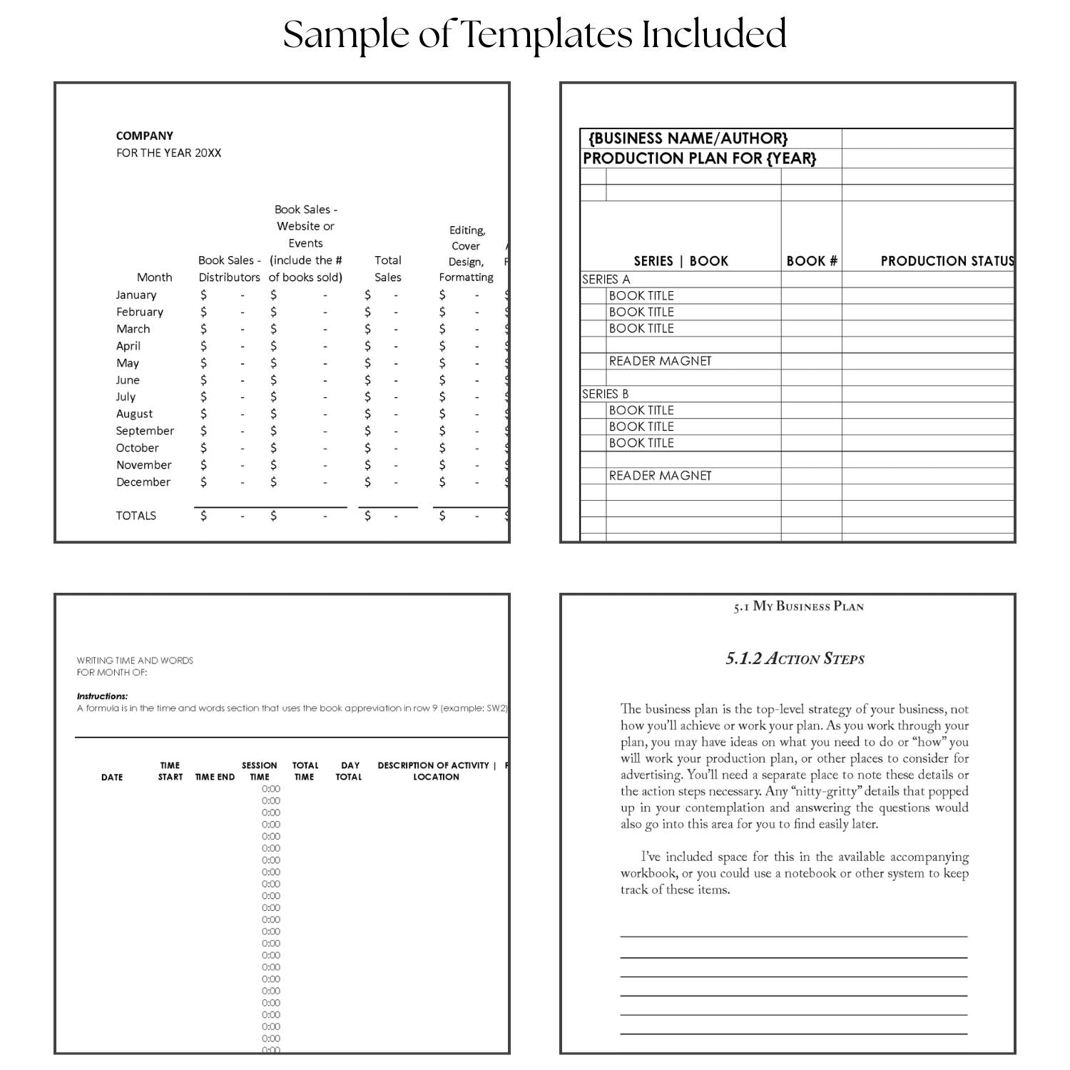 Sample templates included with Business Plans for Authors by Tora Moon, featuring cropped previews of the cash flow worksheet, production plan worksheet, writing time and word tracker, and business plan action steps page. Practical worksheets to support indie author business planning.