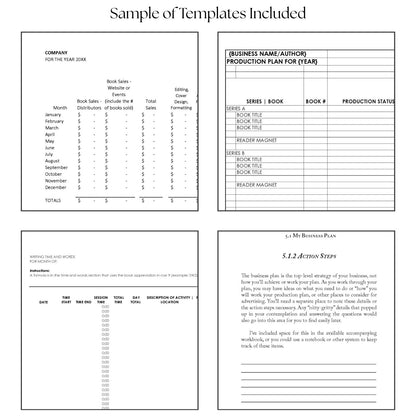 Sample templates included with Business Plans for Authors by Tora Moon, featuring cropped previews of the cash flow worksheet, production plan worksheet, writing time and word tracker, and business plan action steps page. Practical worksheets to support indie author business planning.