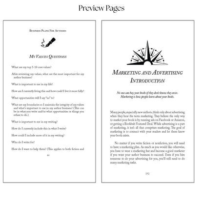 Interior preview pages from Business Plans for Authors by Tora Moon, showing the ‘My Values Questions’ worksheet and the ‘Marketing and Advertising Introduction’ chapter. Indie author business planning guide combining mindset reflection with practical marketing strategy.
