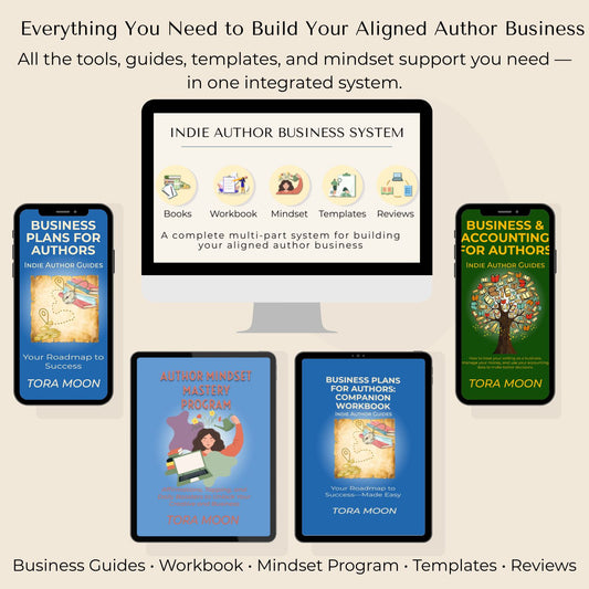 Complete Indie Author Business System showing business guides, workbook, mindset program, templates, and reviews across digital devices—everything authors need to build an aligned author business.