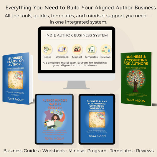 Complete Indie Author Business System showing business guides print books, workbook, mindset program, templates, and reviews across digital devices—everything authors need to build an aligned author business.