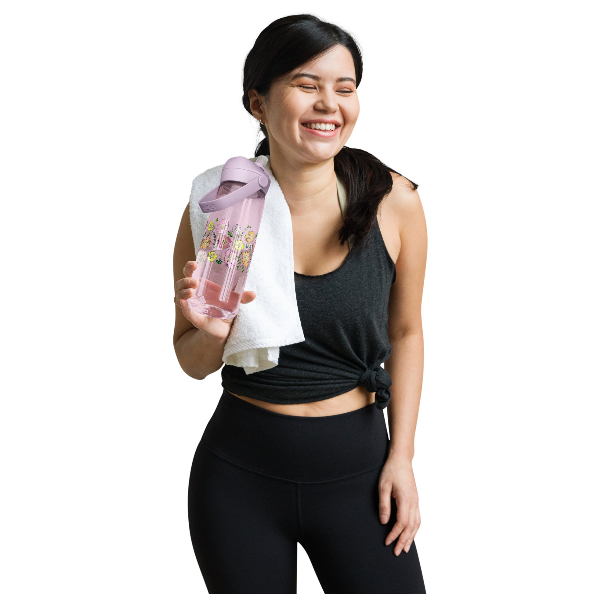 Woman in workout attire holding a Cosmos Flip Straw Water Bottle purple sky