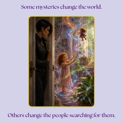 Jade watches five-year-old Catlyn unknowingly wield multiple forms of magic as her doll dances in the air, with the words, “Some mysteries change the world. Others change the people searching for them.”