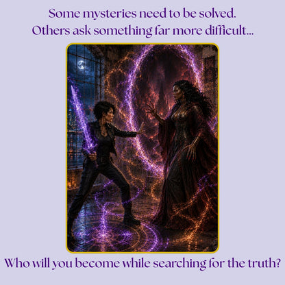 Jade confronts the daemon Lillushu before a glowing portal, with the words, “Some mysteries need to be solved. Others ask something far more difficult… Who will you become while searching for the truth?”