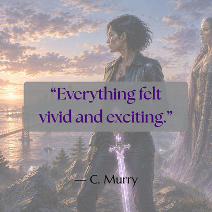 Jade stands overlooking San Francisco with her glowing crystal sword as Hecate watches nearby, featuring the reader review, “Everything felt vivid and exciting.” — C. Murry