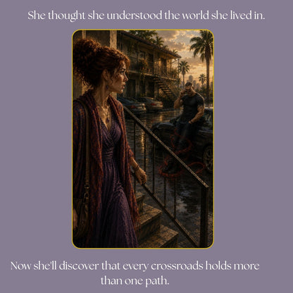 Catlyn sees a threatening man with an unnatural red aura outside her apartment, reflecting the hidden dangers emerging within her ordinary world in Crossroads to Destiny by Tora Moon.