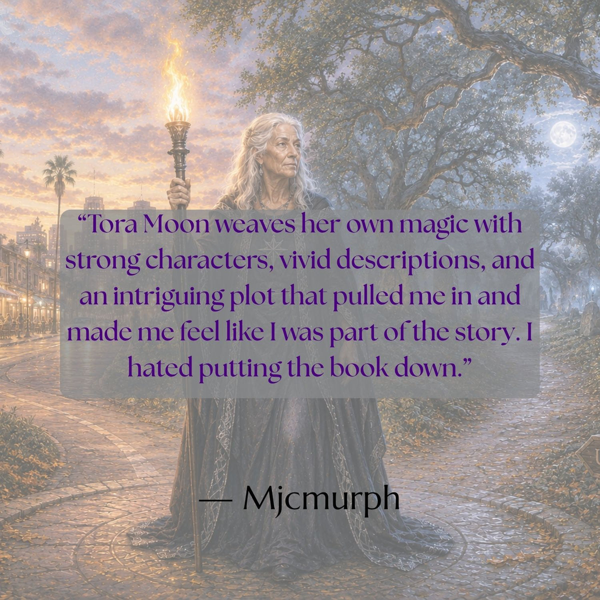 Reader review of Crossroads to Destiny praising its strong characters, vivid descriptions, and immersive story, displayed over Hecate standing at the crossroads between the ordinary and supernatural worlds.