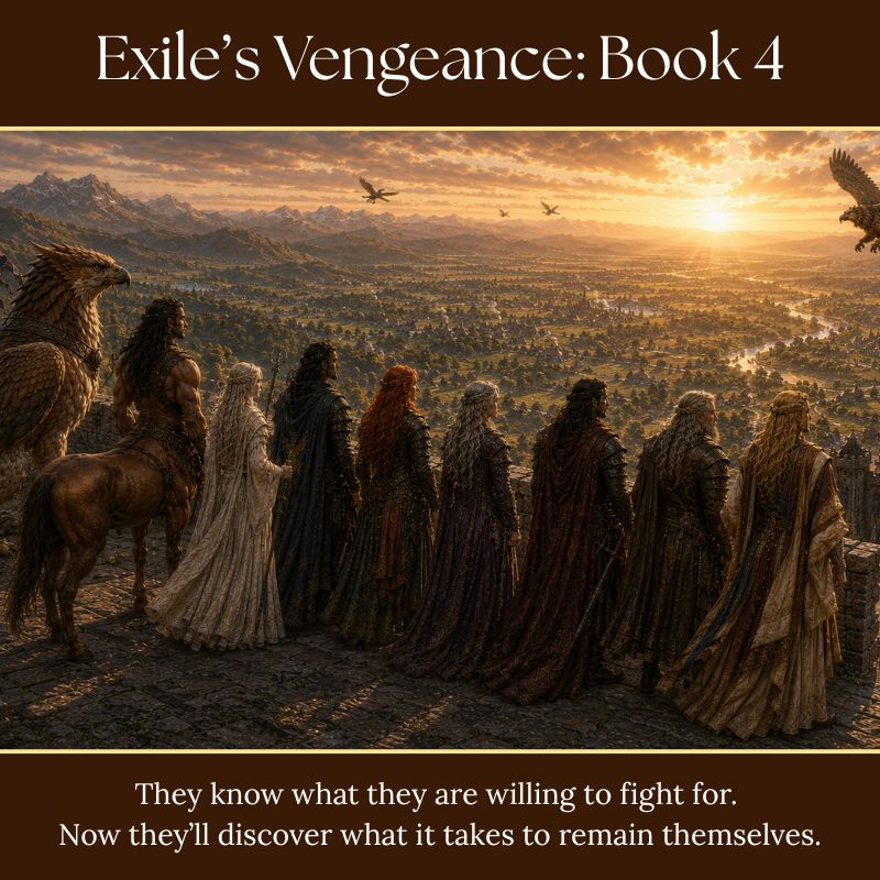 Exile’s Vengeance, Book 4 of Legends of Lairheim: “They know what they are willing to fight for. Now they’ll discover what it takes to remain themselves.” The Fellowship looks across Lairheim at sunrise after the battle.