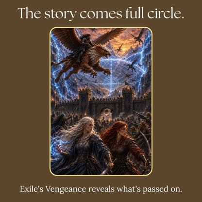 “The story comes full circle. Exile’s Vengeance reveals what’s passed on,” with Wisah and Rizelya defending a mountain Keep as Blazel and Graak fight together overhead.