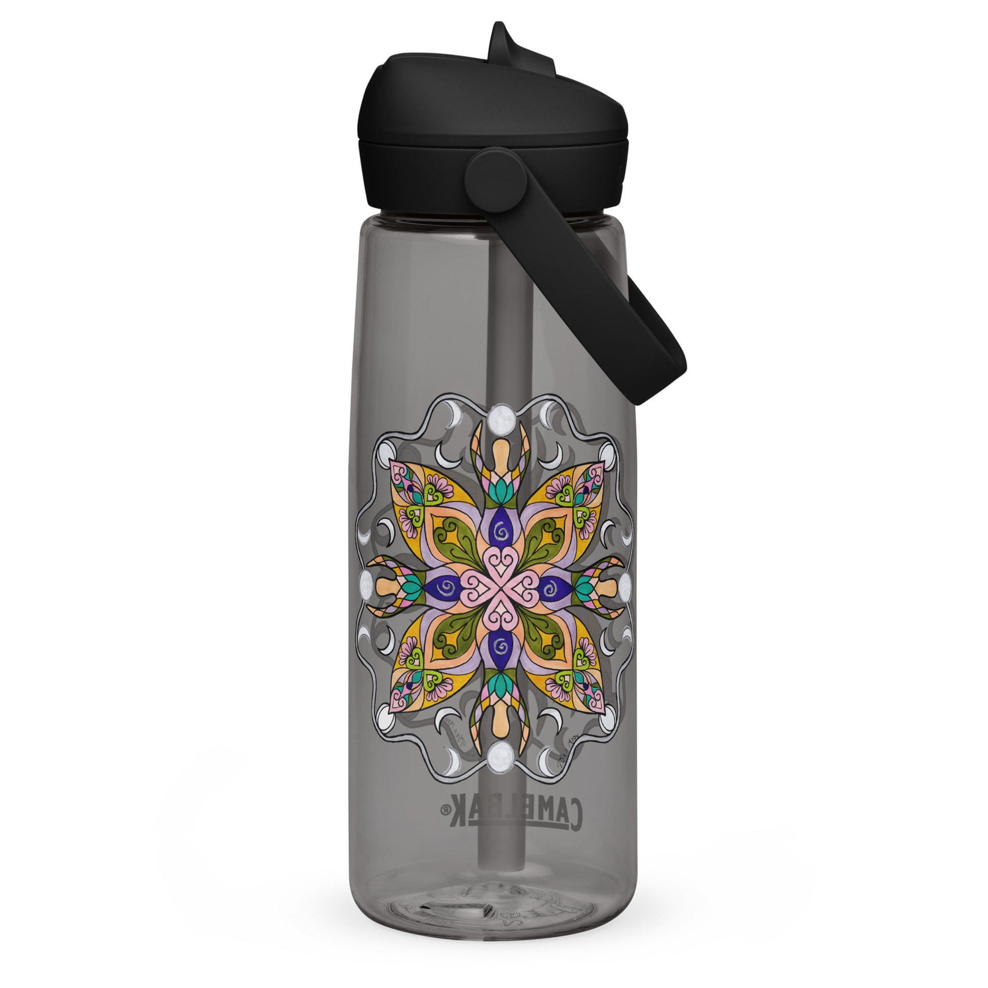 Moonlit Goddess Mandala Flip Straw Water Bottle charcoal