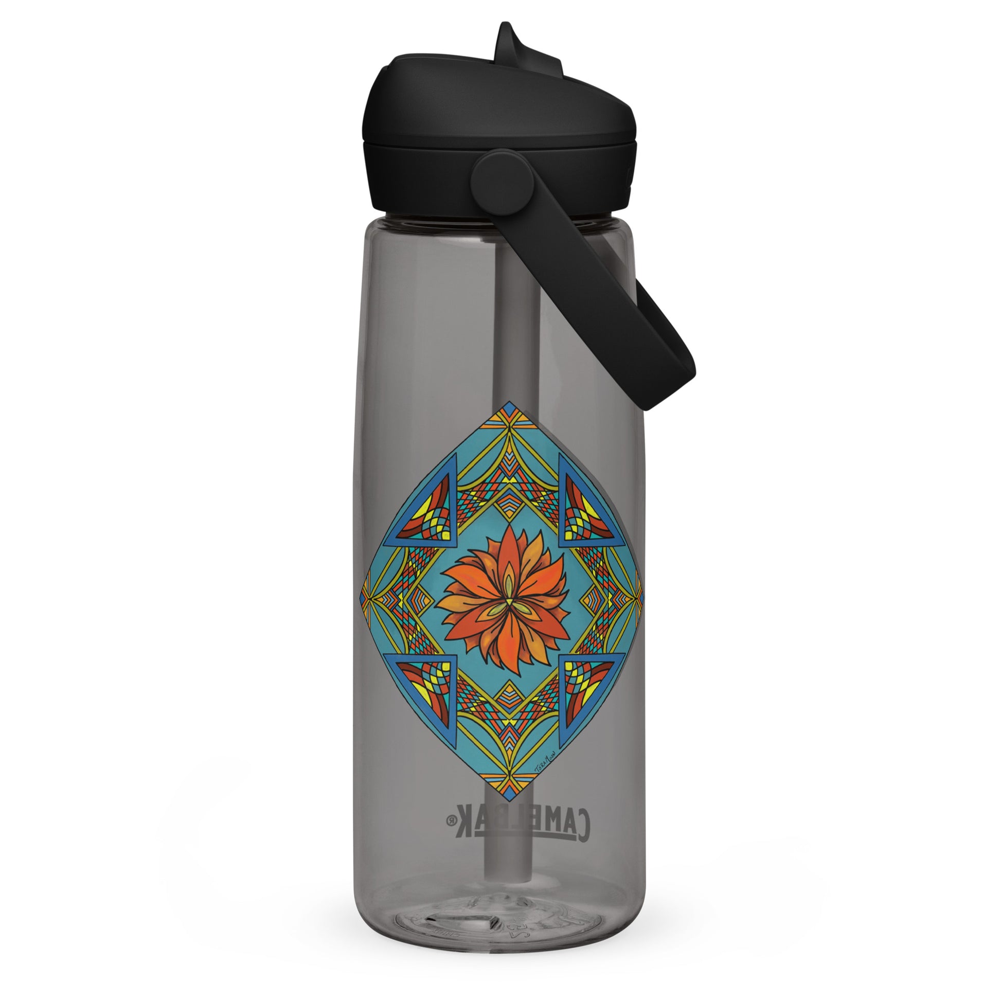 Fiery Radiance Mandala Flip Straw Water Bottle charcoal