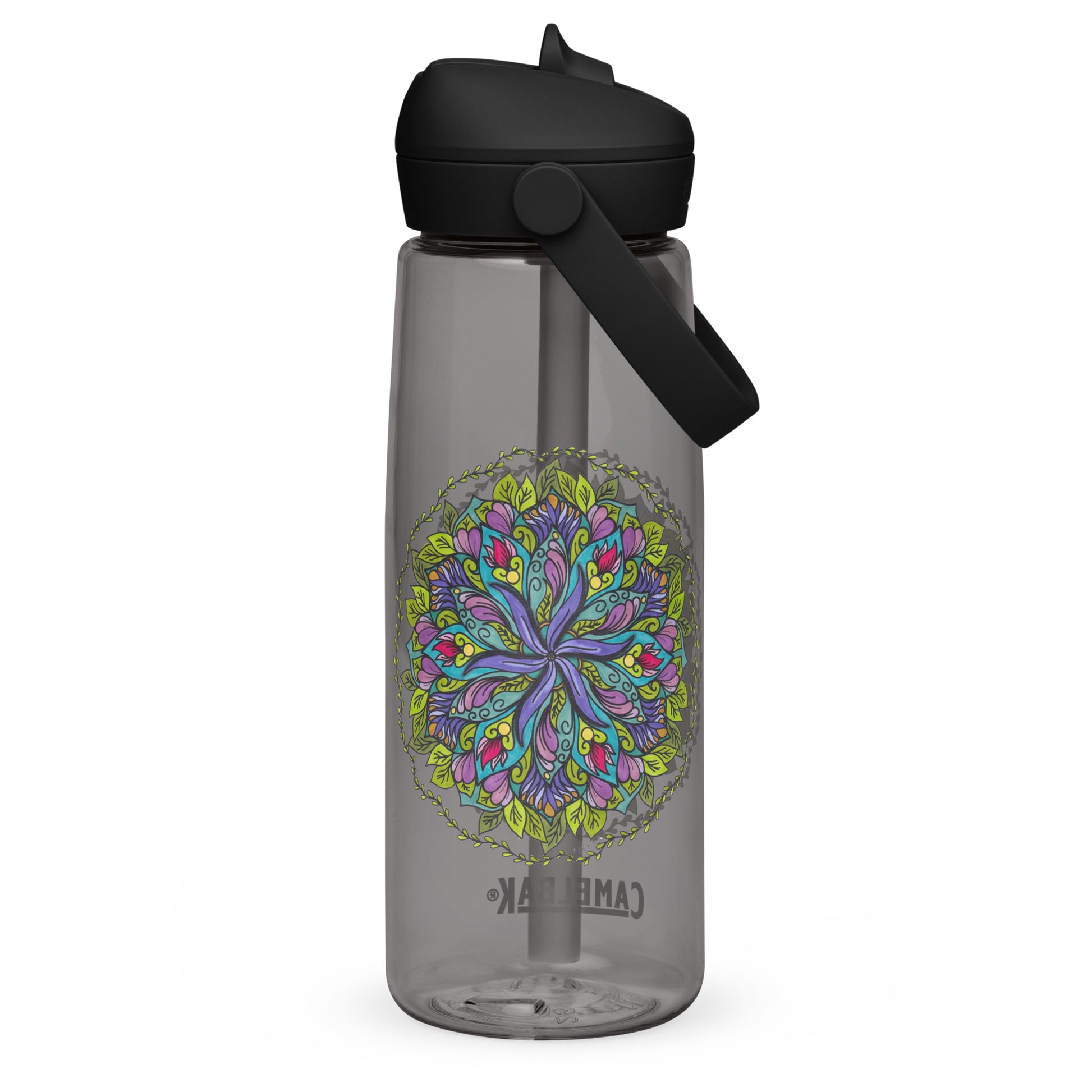 Bloom in Balance Swirling Flower Mandala Flip Straw Water Bottle charcoal