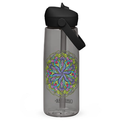 Bloom in Balance Swirling Flower Mandala Flip Straw Water Bottle charcoal
