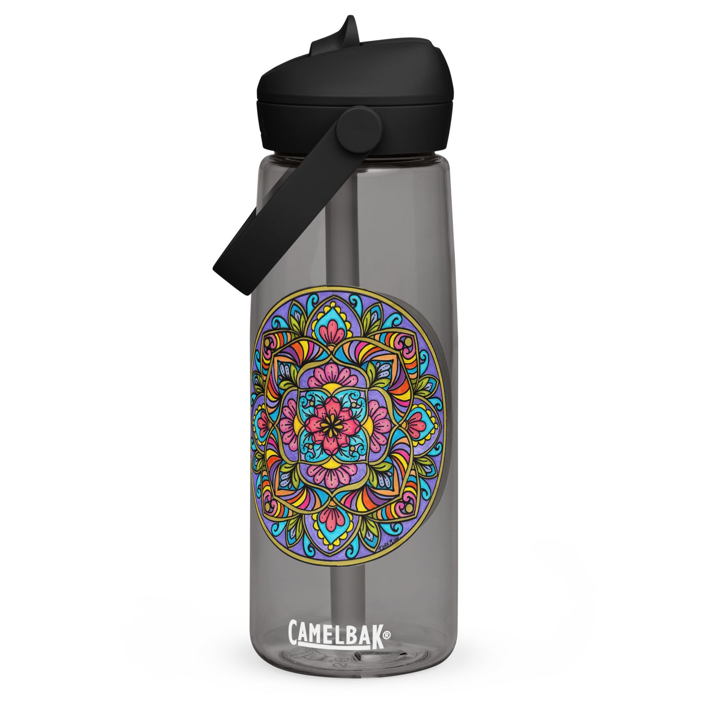 Floral Scrolls Mandala Flip Straw Water Bottle charcoal