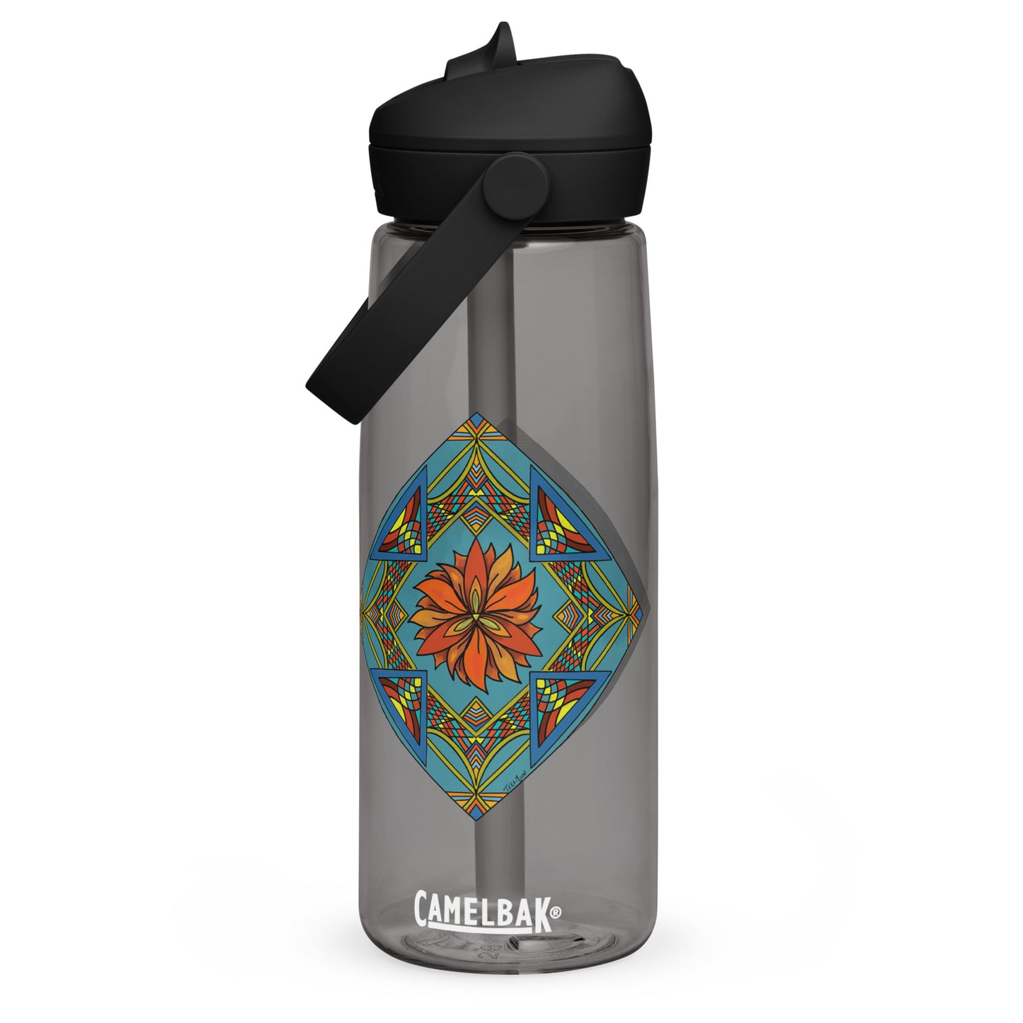 Fiery Radiance Mandala Flip Straw Water Bottle charcoal