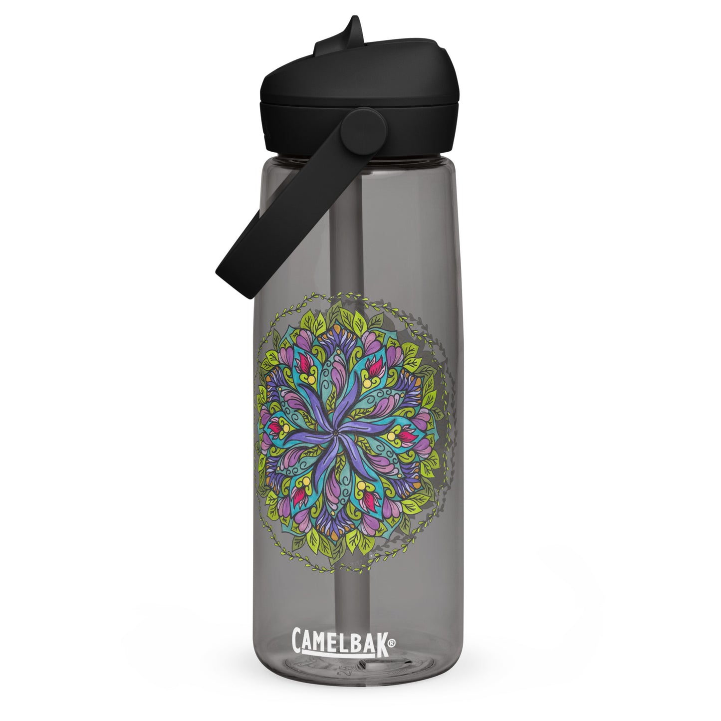 Bloom in Balance Swirling Flower Mandala Flip Straw Water Bottle charcoal